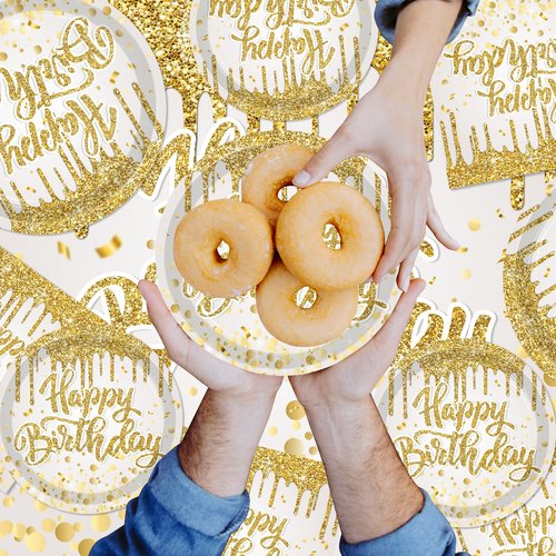 140Pcs Golden Happy Birthday Party Decorations White Gold Paper Plates Napkins Cups Tableware Set Women Men Birthday Themed Party Decor for 20 Guests