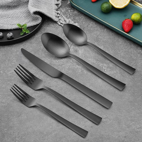 60-Piece Matte Black Silverware Set, E-far Stainless Steel Flatware Set Service for 12, Metal Cutlery Eating Utensils Tableware Includes Forks/Spoons/Knives, Square Edge