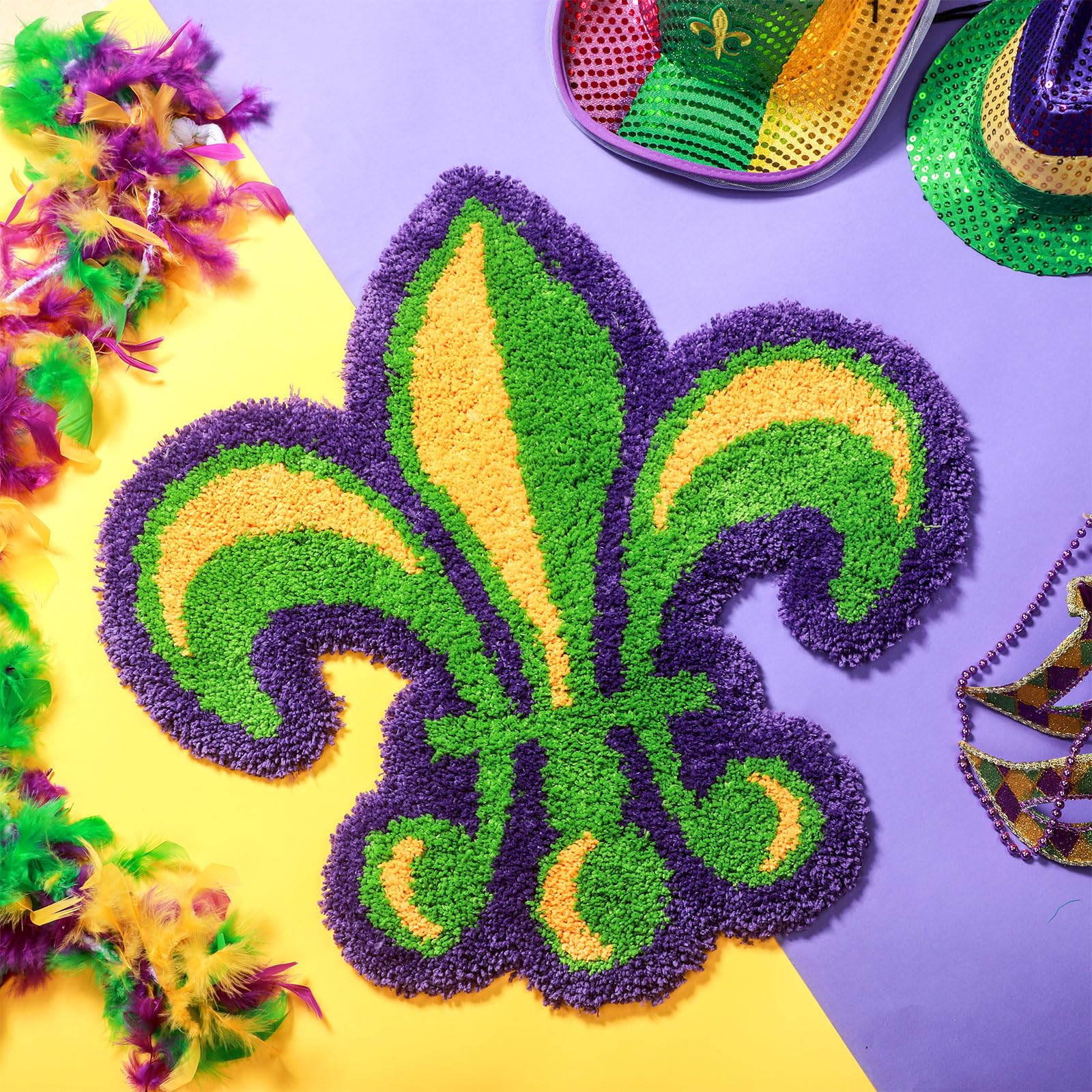 Dunzy Mardi Gras Bathroom Rug Fleur De Lis Indoor Welcome Mat Non Slip Bath Mat Water Absorbent Microfiber Plush Washable Carpet Home Decor, 27.6 x 27.6 Inches