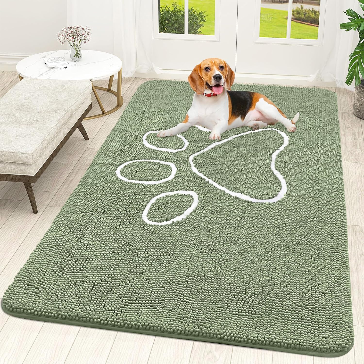 OLANLY Dog Door Mat - Absorbent Muddy Paws Doormat | Non-Slip Chenille, 70x46, Sage Green