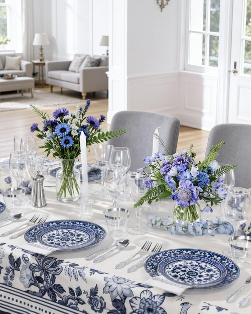 Hioasis 175PCS Blue Plastic Plates - Floral Disposable Dinnerware Set for 25 Guests, Include 50 Dinner & Dessert Plates, 75 Silver Cutlery, 25 Napkins, 25 Cups Perfect for Party (Art Style)