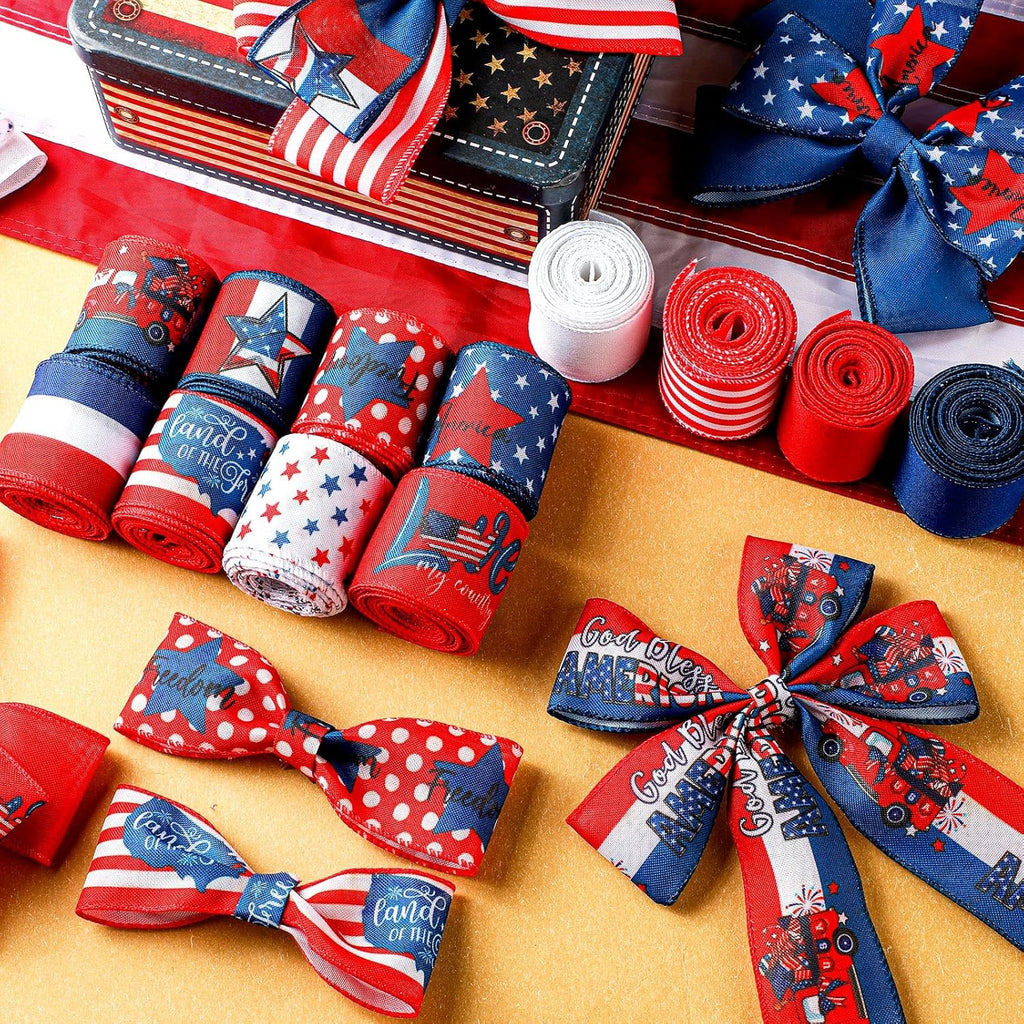 Skiennix Memorial Day Ribbon - 12 Rolls of 60 Yards Stars & Stripes Burlap Wired Edge | Patriotic Crafting