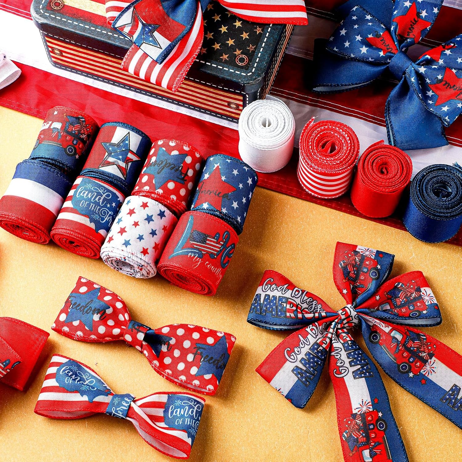 Skiennix Memorial Day Ribbon - 12 Rolls of 60 Yards Stars & Stripes Burlap Wired Edge | Patriotic Crafting