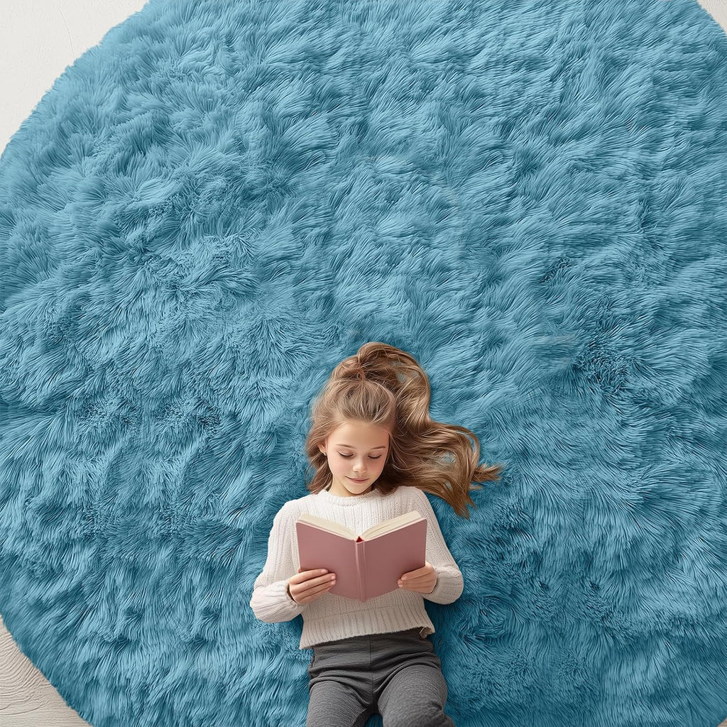 OLANLY Round Slate Blue Area Rug - Soft, Fluffy, Machine Washable 9 ft Circle Carpet for Bedroom & Living Room