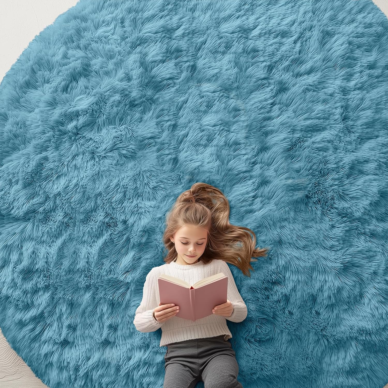 OLANLY Round Slate Blue Area Rug - Soft, Fluffy, Machine Washable 9 ft Circle Carpet for Bedroom & Living Room