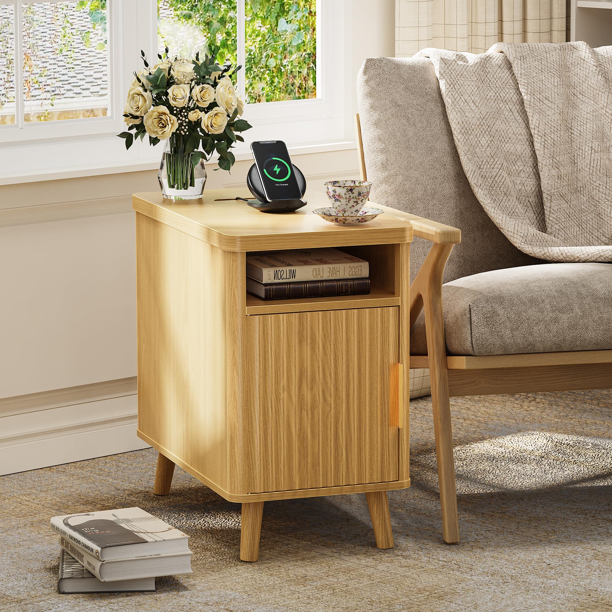 Huuger Narrow End Table with Charging Station, USB-C Port, Fluted Nightstand with Storage Cabinet, Back Rack, Side Table for Small Spaces, 13.4 × 23.6 Inch Night Stand with Storage, Natural