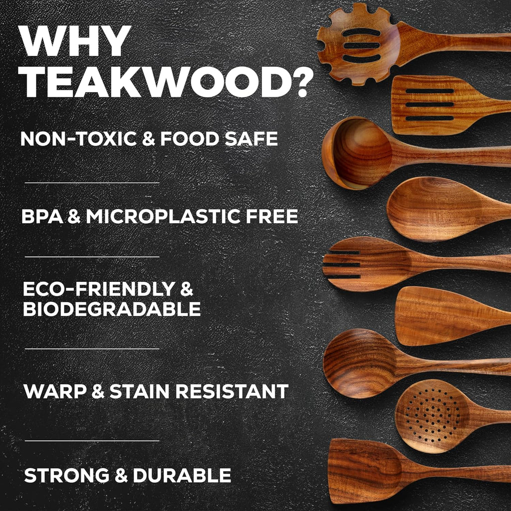 Zulay Kitchen 9-Piece Teak Wood Cooking Utensil Set - Non-Toxic, Non-Stick Tools with Comfortable Grip & Smooth Finish