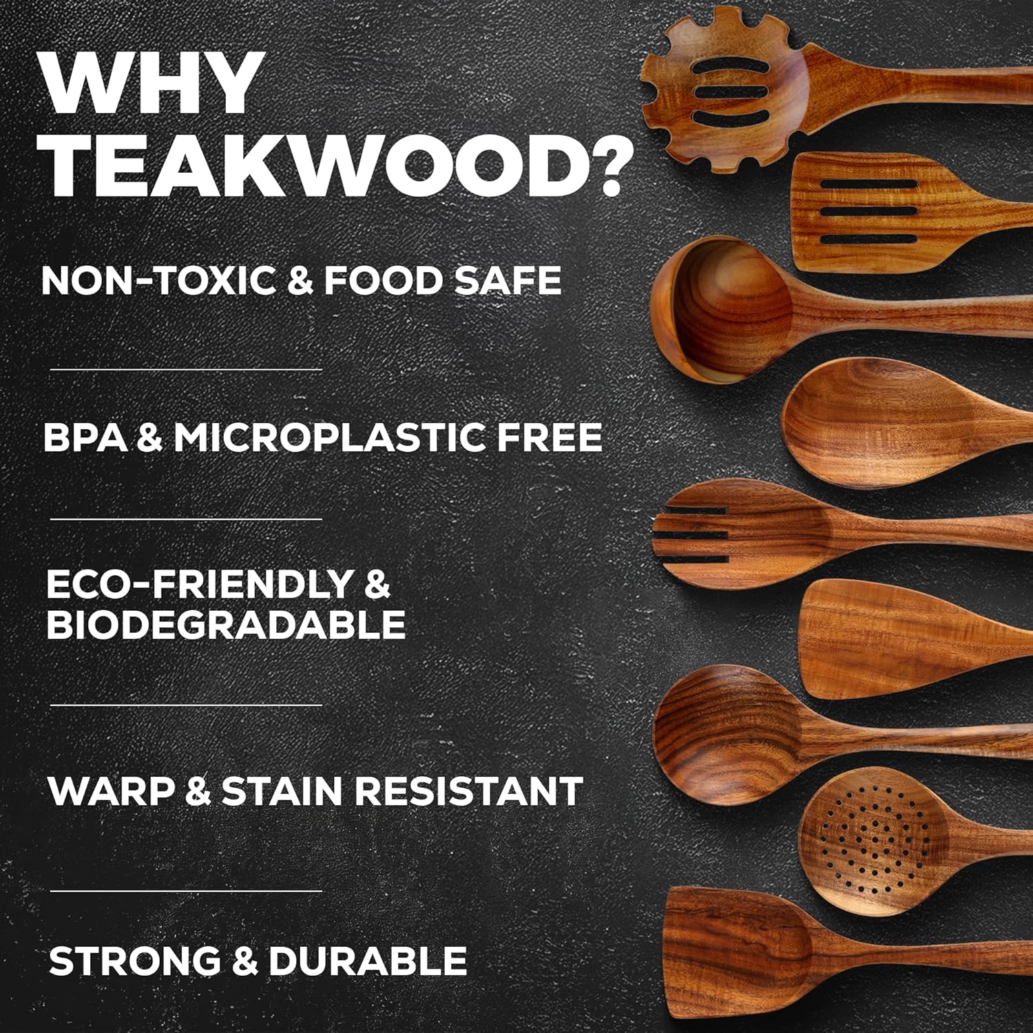 Zulay Kitchen 9-Piece Teak Wood Cooking Utensil Set - Non-Toxic, Non-Stick Tools with Comfortable Grip & Smooth Finish