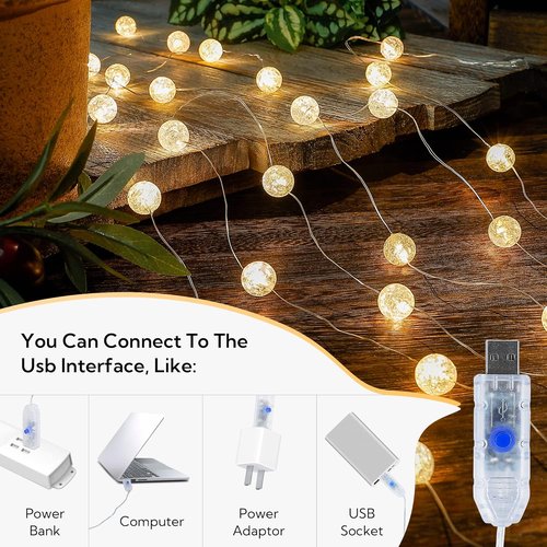 Globe String Lights - 10FT 30 LED Decorative Fairy Lights | 8 Modes Crystal Crackle Balls for Indoor & Outdoor Use