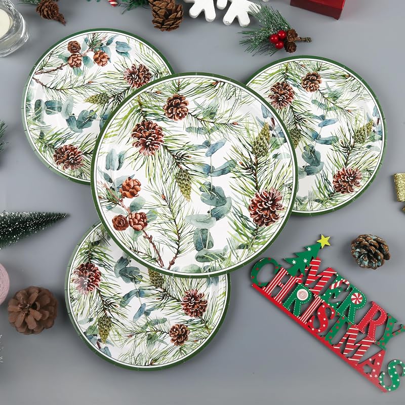 Pine Cones Christmas Dinner & Dessert Plates 48ct - Eucalyptus, Winter Greenery 7in & 9in (Variation: Pine Cones)