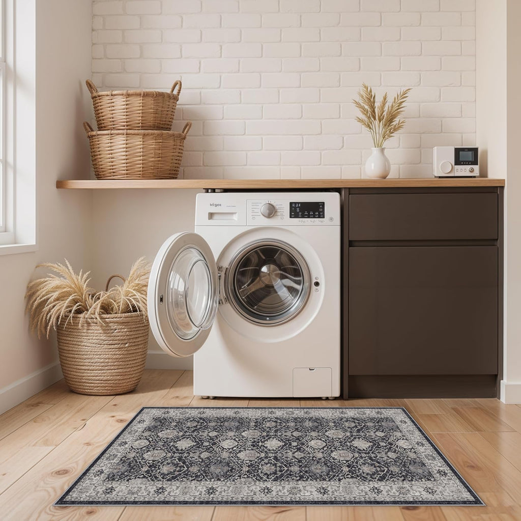 Skiennix 2x4 Washable Area Rug - Stain Resistant Kitchen Runner | Ultra Soft Non-Slip Indoor Carpet in Black