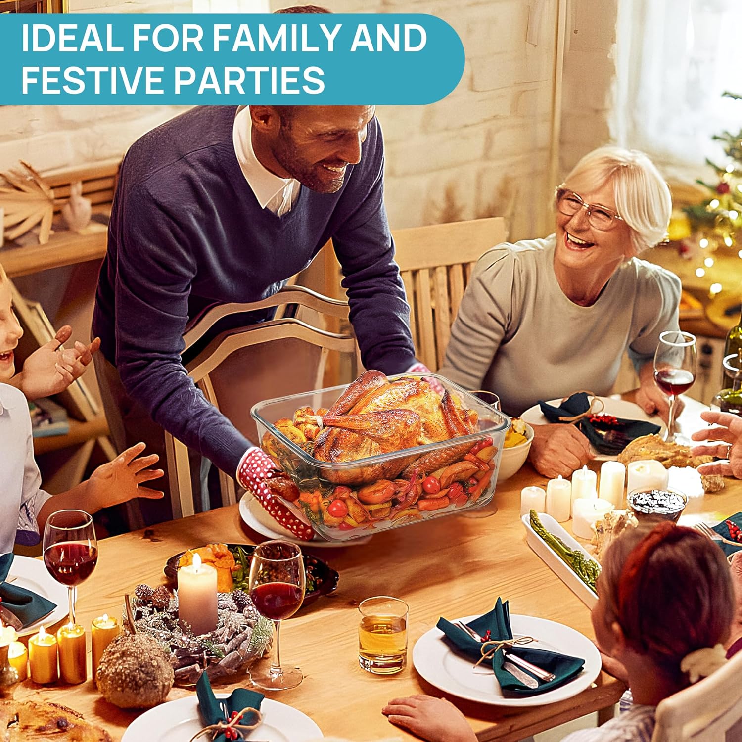 Vtopmart Extra Large Glass Food Storage Containers - 6.5L BPA Free with Airtight Snap Lids | Perfect for Roasting Turkey, Baking Casseroles, and Storing Fruits