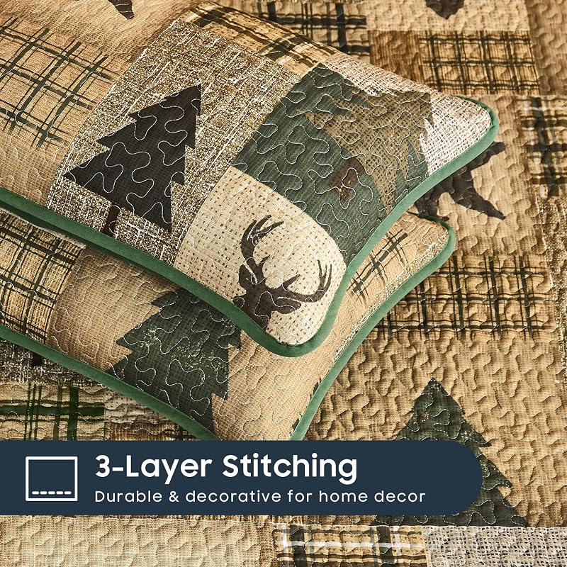 Wake In Cloud Rustic Quilt Set - Green Brown Queen/Full, 3-Piece Reversible Bedspread