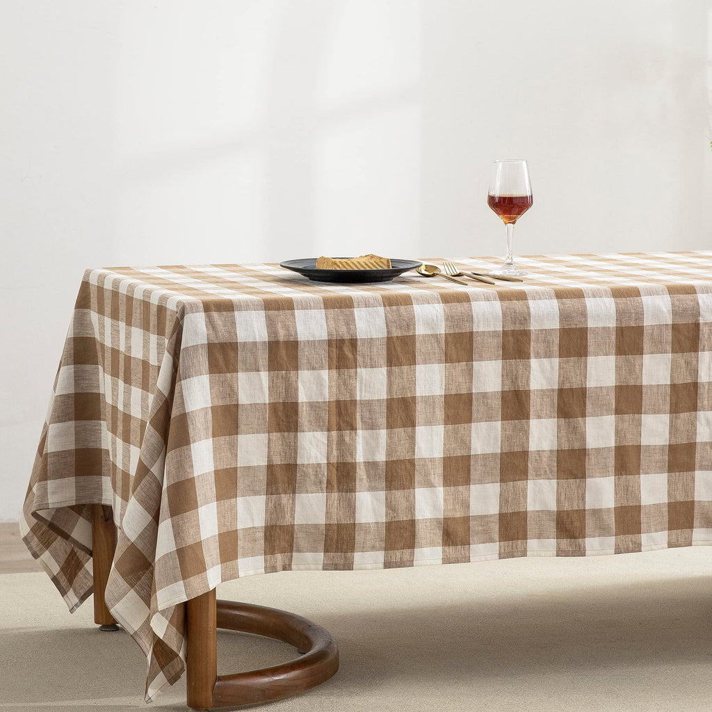 EVERLY 100% Yarn-Dyed Linen Rectangle Tablecloths 60x144Inches for Dining,Buffet Parties,Picnic,Events and Restaurants,Decorative Halloween,Thanksgiving Machine Washable Tablecloths-Brown Plaid