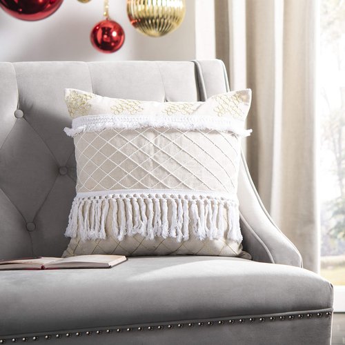 SAFAVIEH Home Gurti White and Beige Boho Fringe Tassel 18-inch Decorative Pillow Pillow