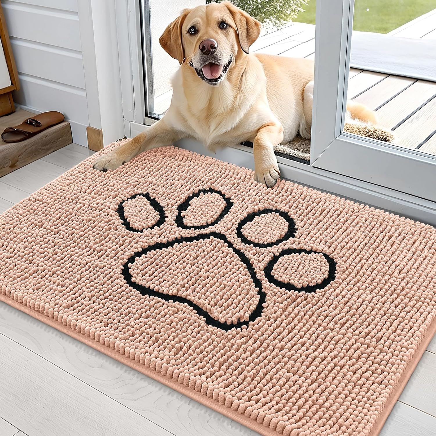 OLANLY Dog Door Mat - Absorbent Non-Slip Mud Mat for Paws | 36x24, Quick Dry Chenille, Peach