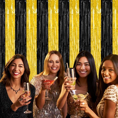 2 Pack Black and Gold Foil Fringe Curtains by [Brand Name] - Graduation Backdrop | 3.28 FT x 7.05 FT Party Decorations for Class of 2026