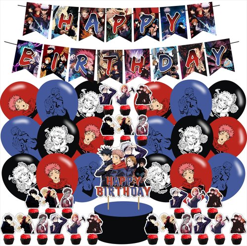 Jujutsu Manga Kaisen Birthday Party Supplies, including Cake Topper, Cupcake Toppers, Banner, Latex Balloons,It is Very Suitable for Boy's and Girl Anime Themed Birthday Party Supplies., Black