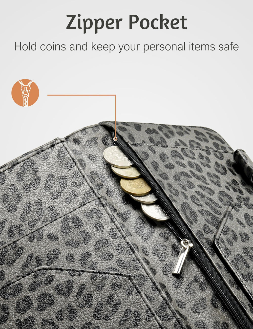 Server Book for Waitress Book with Zipper Pocket and Magnetic Closure, 5"×9" Grey Leopard Cute Server Wallet with Money Pocket, Restaurant Waitstaff Organizer Fit Server Apron