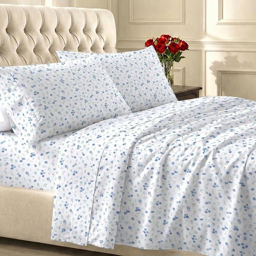 California Design Den Soft Full Cotton Sheet Set - 100% Cotton, 400 TC, Deep Pockets, Floral White/Blue