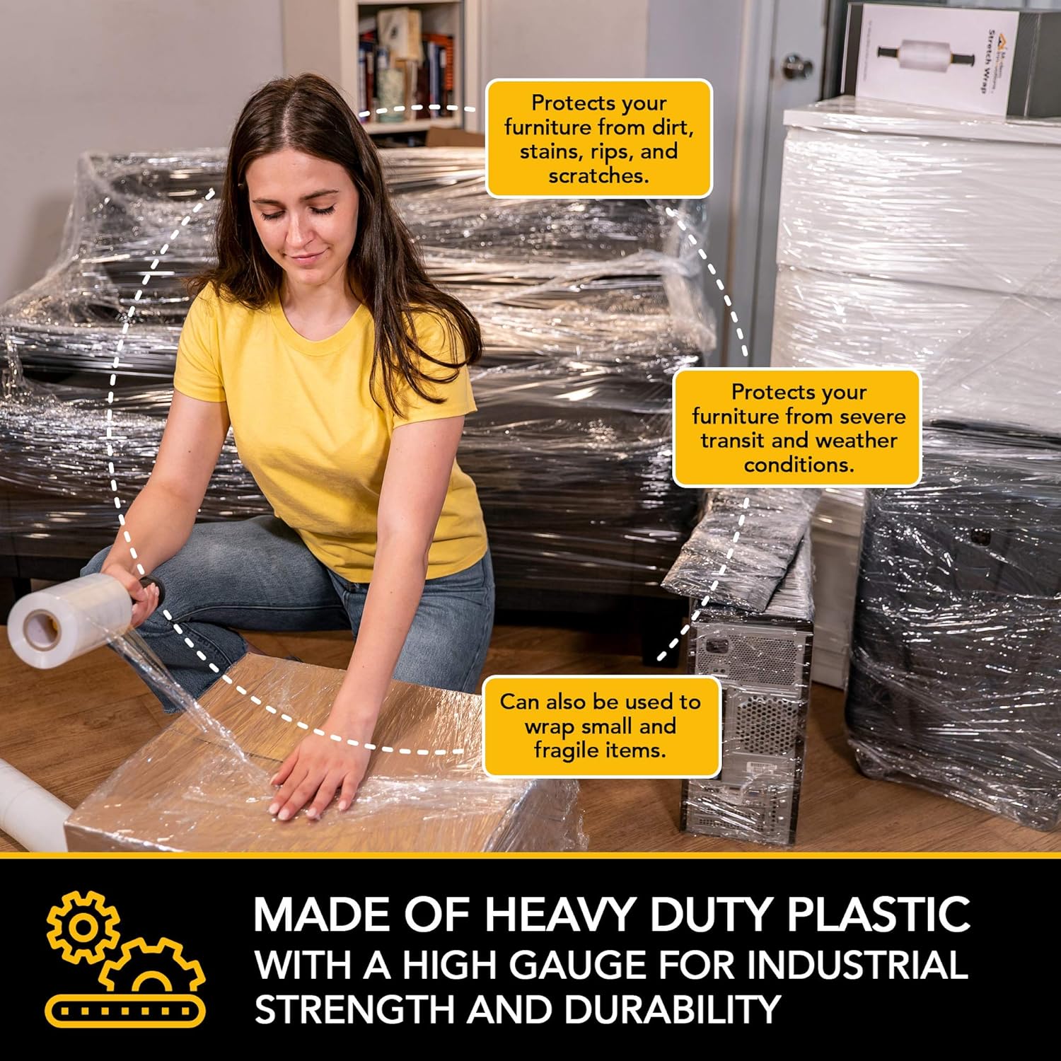 Modern Innovations 15-Inch Heavy-Duty Clear Stretch Wrap Roll - 1000 Feet with Handles for Moving & Packing
