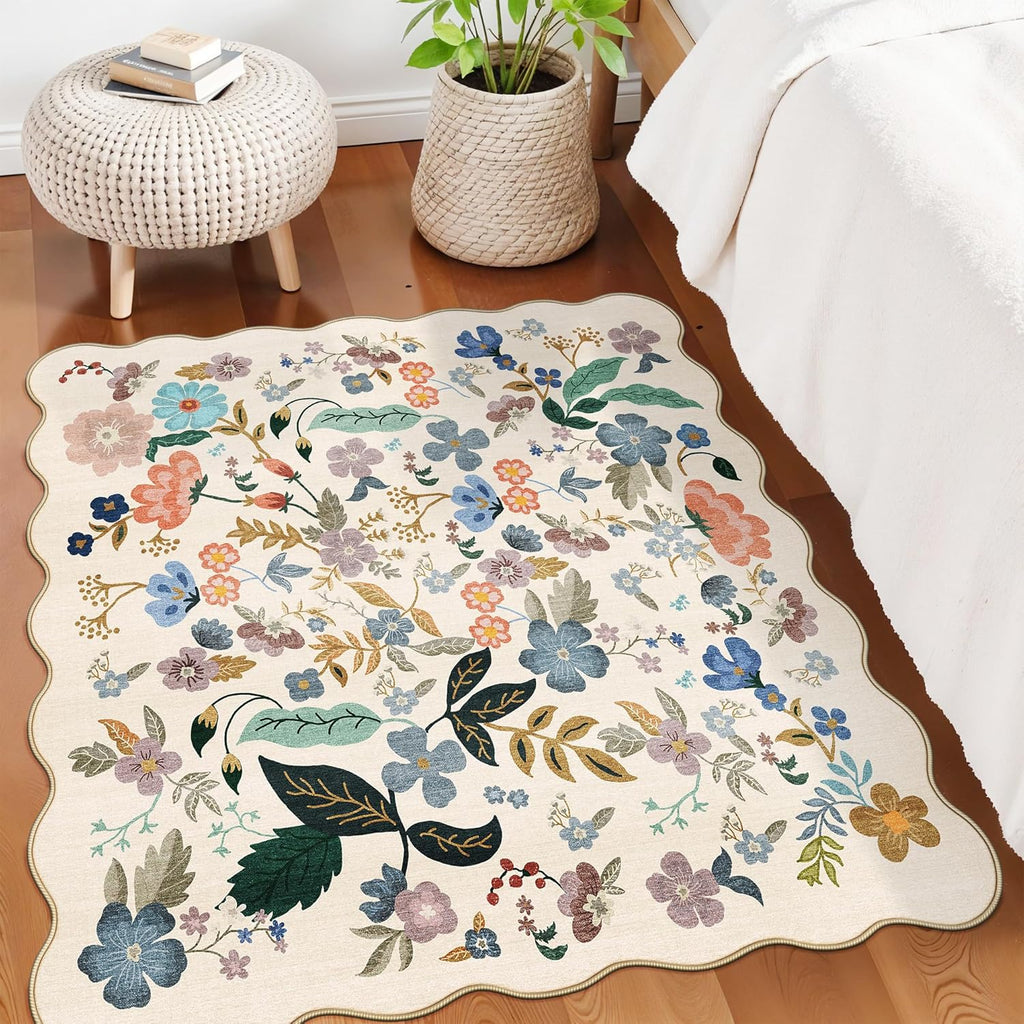 Skiennix Floral Square Area Rug - Washable 5x5 Soft Water-Resistant Carpet for Living Room & Bedroom | Non-Slip Backing, Cream