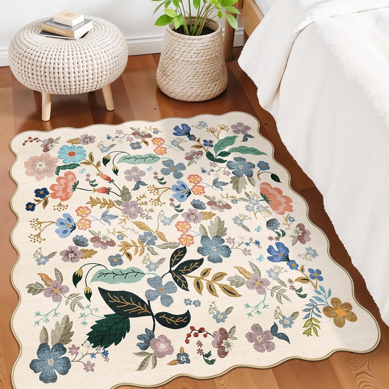 Skiennix Floral Square Area Rug - Washable 5x5 Soft Water-Resistant Carpet for Living Room & Bedroom | Non-Slip Backing, Cream