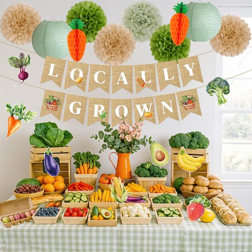 Kriyokiaa Locally Grown Baby Shower Decorations, 12 PCS Farmers Market Baby Shower Decor with Locally Grown Banner, Paper Tissue Pom Poms, Lanterns for Farmers Market Party Decor