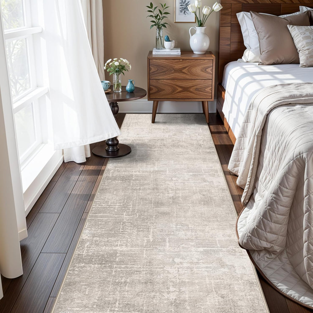 **Hallway Washable Runner Rug - Abstract Stain Resistant Design | Soft Non-Slip Indoor Carpet (2x8, Beige/Cream)**