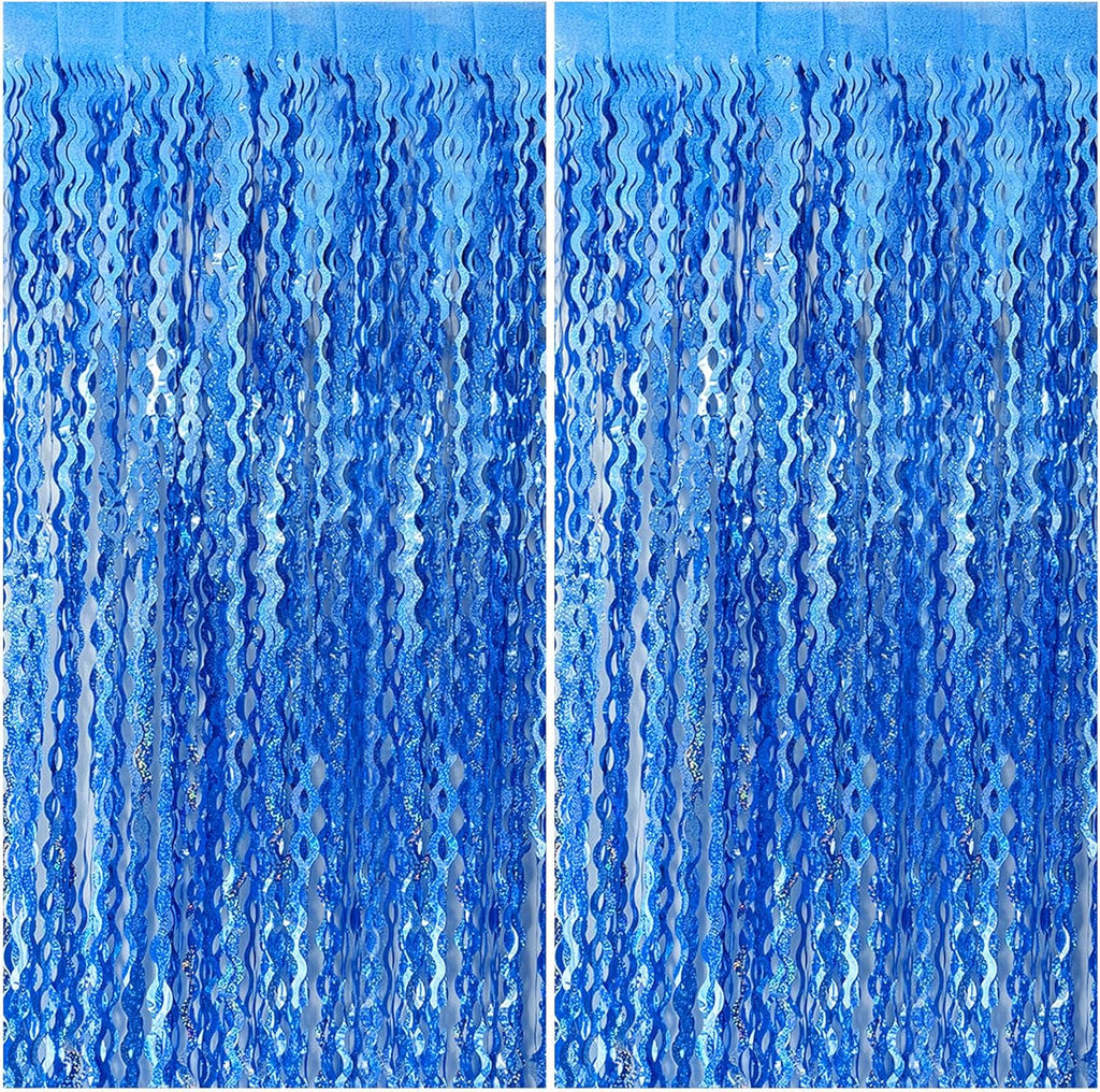 Skiennix Blue Wavy Tinsel Foil Fringe Curtains - Sparkling Birthday Party Decorations | Ocean Theme