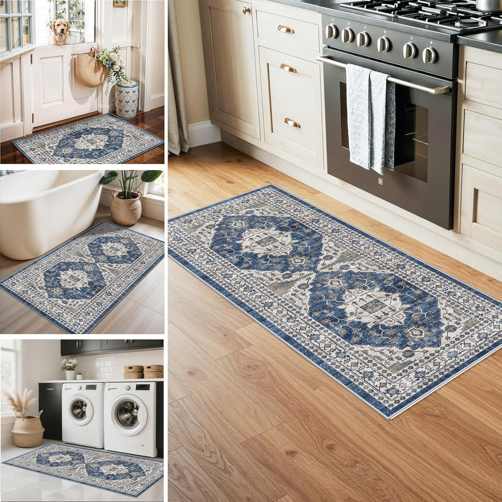 Skiennix Washable 4-Piece Kitchen Floor Mats - Non-Slip, Easy Clean, Water-Resistant Rugs | Blue