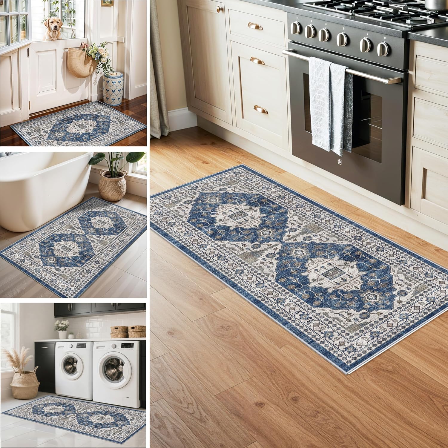 Skiennix Washable 4-Piece Kitchen Floor Mats - Non-Slip, Easy Clean, Water-Resistant Rugs | Blue
