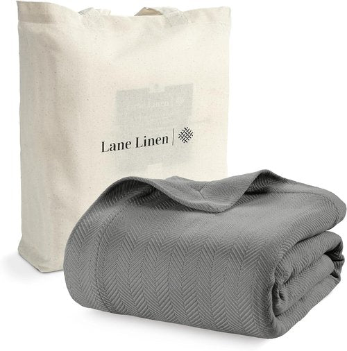 LANE LINEN Queen Size Cotton Blanket - 100% Soft Herringbone Weave for All Seasons | Oeko-TEX Certified - Grey (90"x90")