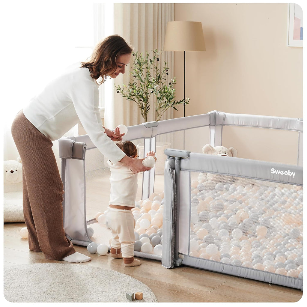 Sweeby Baby Playpen - Extra Large 59x59 Inch Foldable Play Yard with Door | Gray Indoor/Outdoor Fence