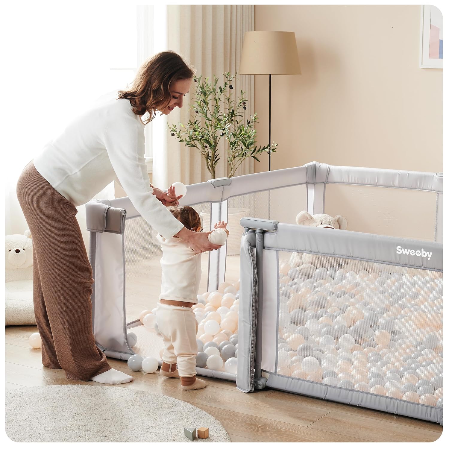 Sweeby Baby Playpen - Extra Large 59x59 Inch Foldable Play Yard with Door | Gray Indoor/Outdoor Fence