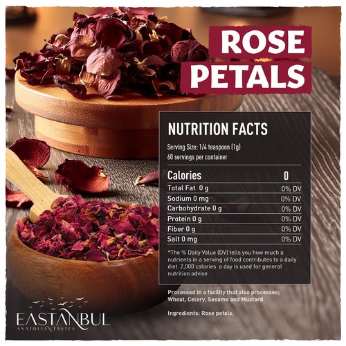 Eastanbul Dried Rose Petals, 2.1oz, Premium Edible Rose Petals, Dried Flower for Herbal Tea, Decoration, Sprinkles, Dessert Topping, From Mediterranean Flowers, Natural, Vegan, Gluten Free, Non GMO