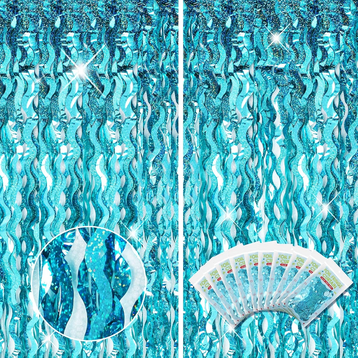Skiennix Foil Fringe Backdrop - 10 Pieces Wavy Tinsel Curtain for New Year & Party Decor | Blue Green 3.3 x 6.6 Ft