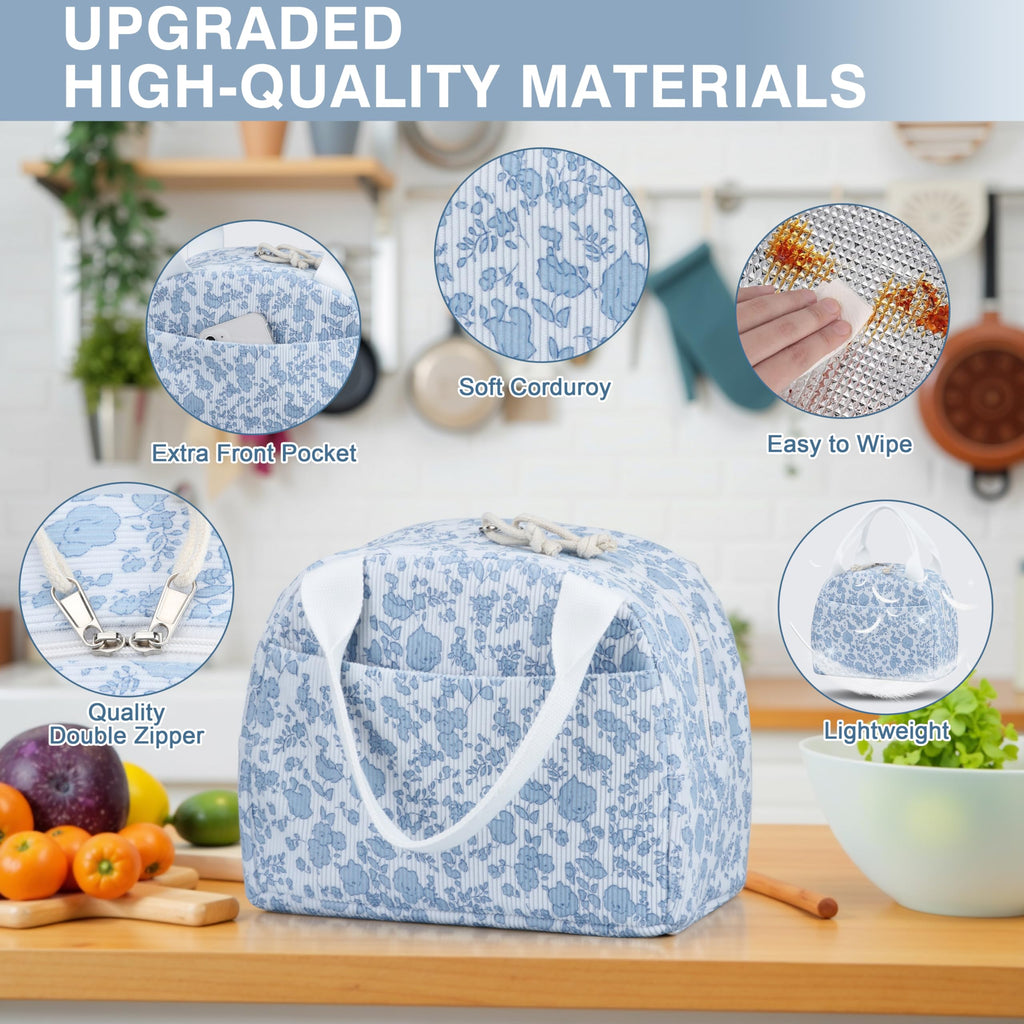 TESAFNG Lunch Bag - Insulated Lunch Box for Women, Reusable Large Capacity Cooler Bag for Adult, Small Leakproof Cute Corduroy Lunch Tote for Work Office Travel Picnic (Corduroy Blue-Flower)