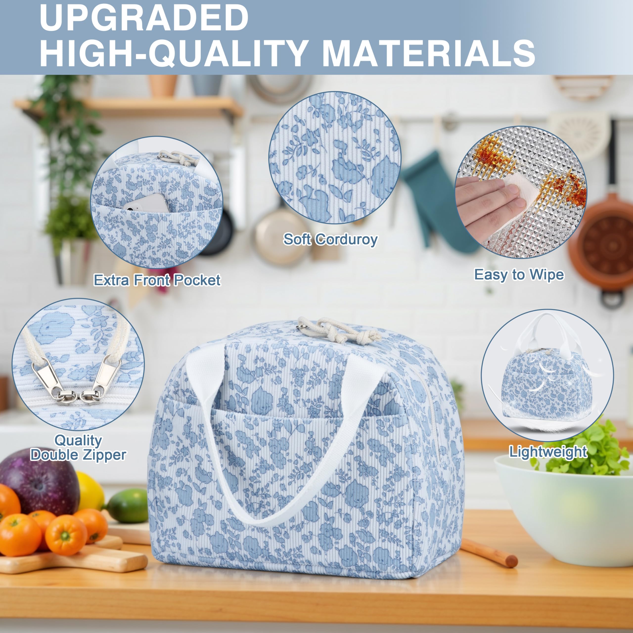 TESAFNG Lunch Bag - Insulated Lunch Box for Women, Reusable Large Capacity Cooler Bag for Adult, Small Leakproof Cute Corduroy Lunch Tote for Work Office Travel Picnic (Corduroy Blue-Flower)