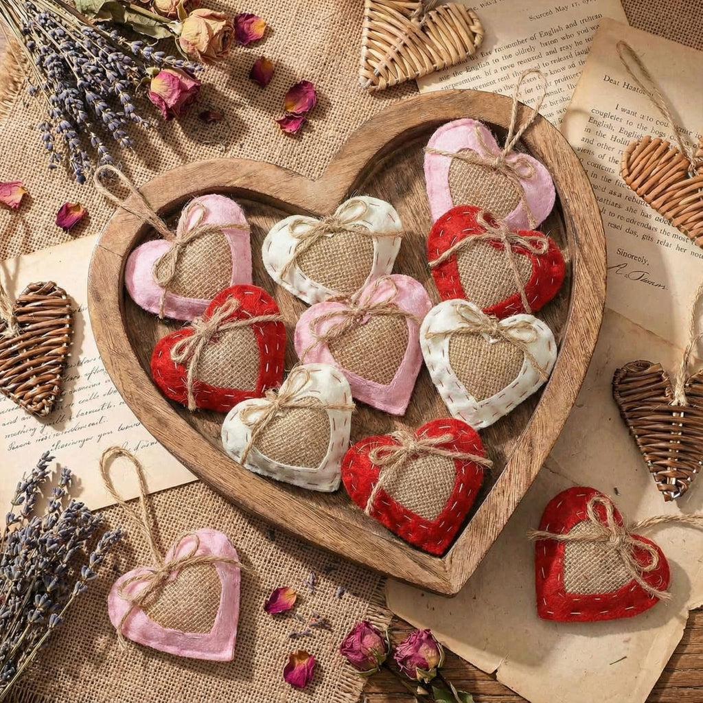 Vercraft 24 Pcs Neutral Valentine's Day Ornaments Felt Heart Ornament White Red Pink Stuffed Heart Bowl Vase Fillers Rustic Farmhouse Barn Style Valentines Day Decor for Tree Home Table Party Decor