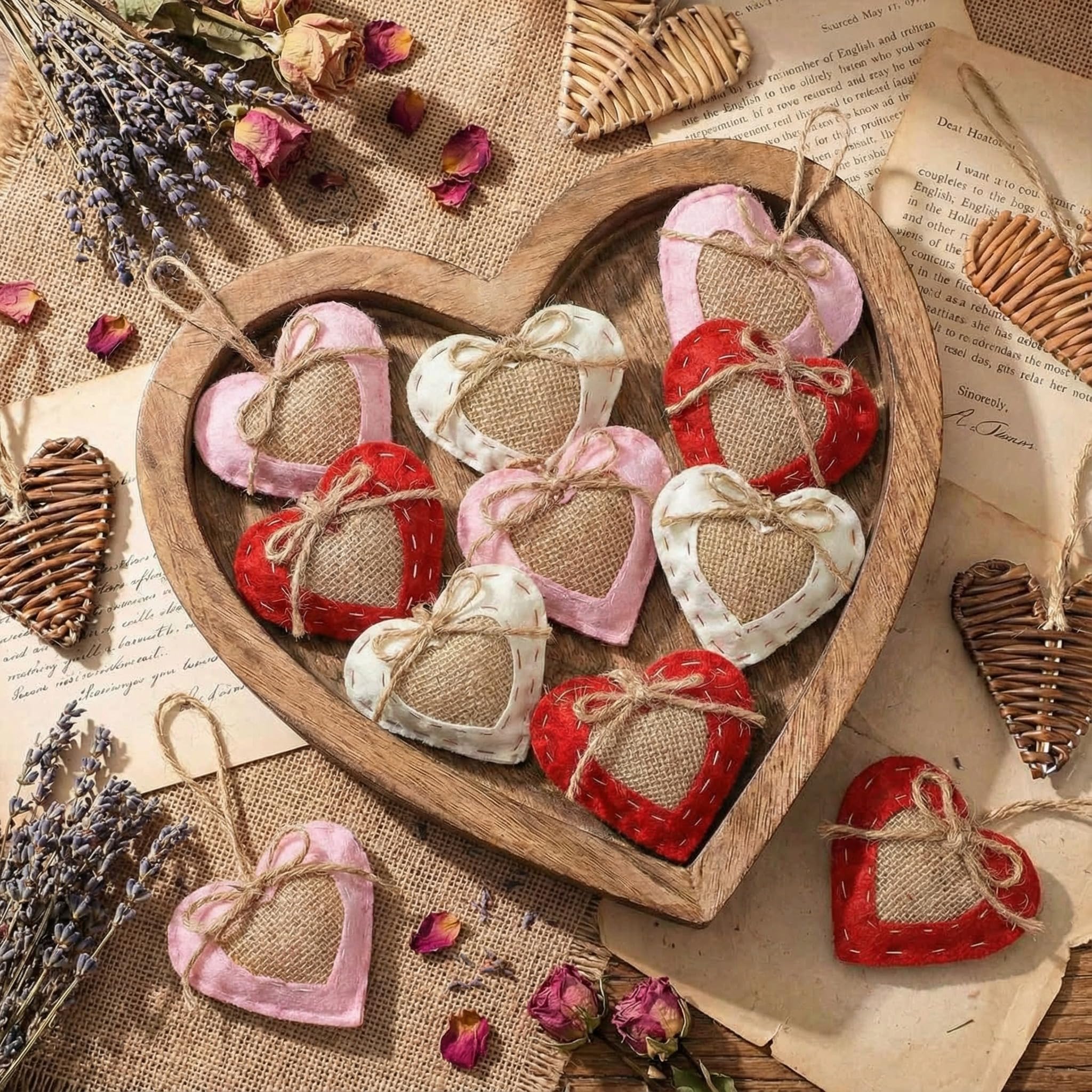 Vercraft 24 Pcs Neutral Valentine's Day Ornaments Felt Heart Ornament White Red Pink Stuffed Heart Bowl Vase Fillers Rustic Farmhouse Barn Style Valentines Day Decor for Tree Home Table Party Decor
