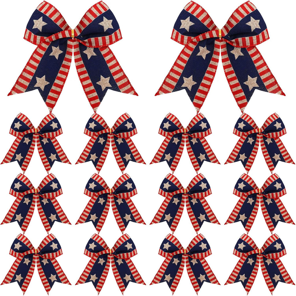 Skiennix 12 Pcs 4th of July Bows - Large Patriotic Burlap Decor for Independence Day | Red, White & Blue