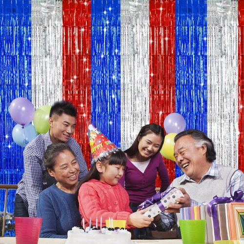 TONIFUL Red White and Blue Tinsel Foil Fringe Curtains,4th of July Decorations Independence Day Photo Booth Backdrop,Metallic Door Streamers for Patriotic Party Memorial Day Labor Day Supplies