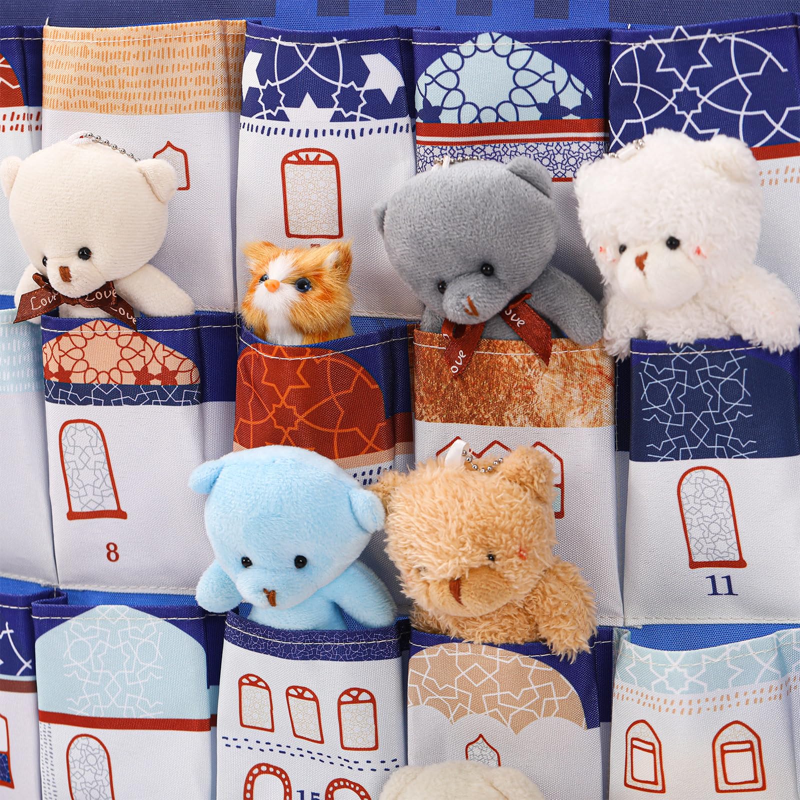 Fanfanwin Ramadan Countdown Calendar Fabric 30 Days Mystery Eid Countdown Calendar House Design Ramadan Wall Decor with 30 Pockets Blue Eid Mubarak Poster Gift for Home Wall Decor