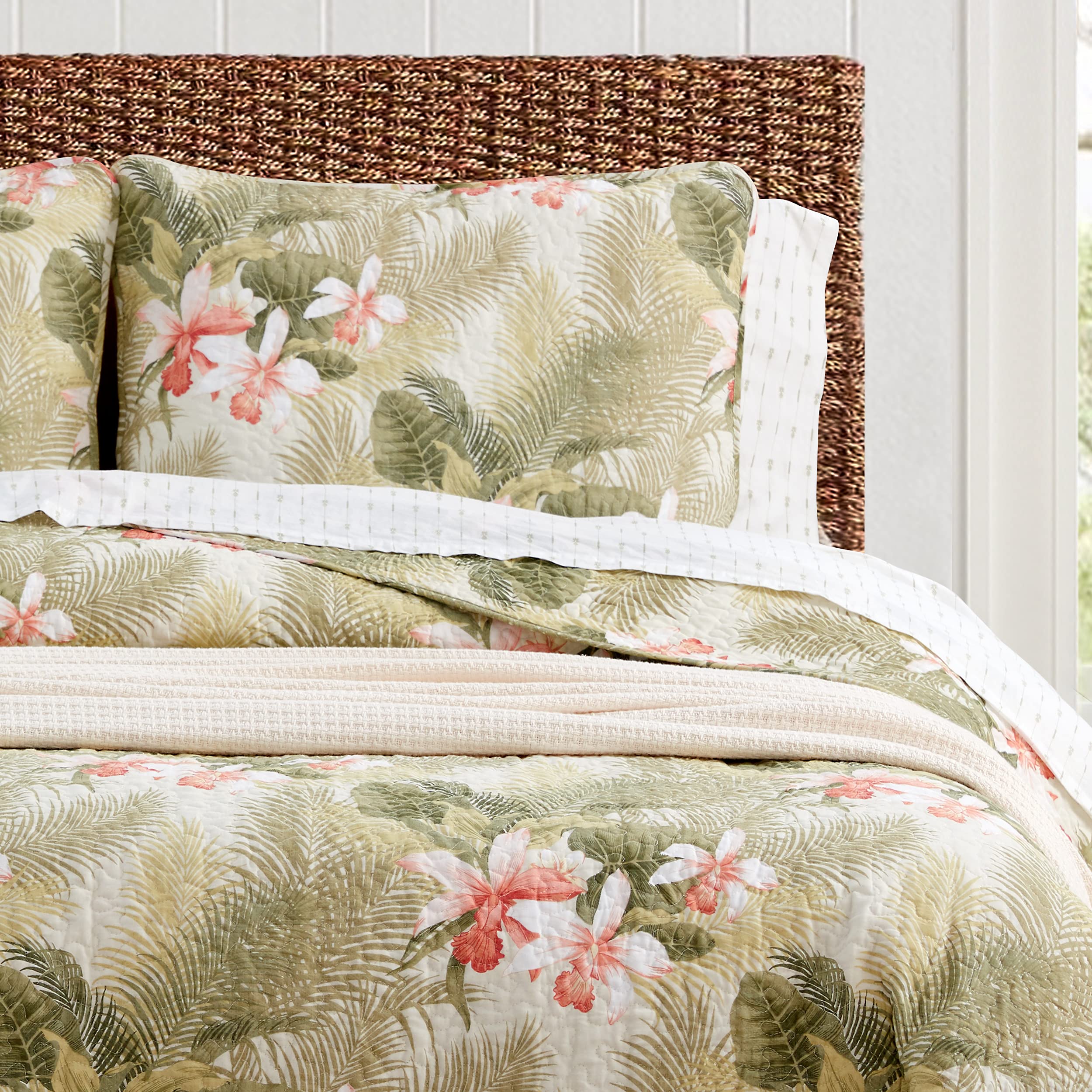Tommy Bahama - King Quilt Set, Reversible Floral Bedding with Matching Shams, Bedding Set Seasons (Tropical Orchid Green, King)