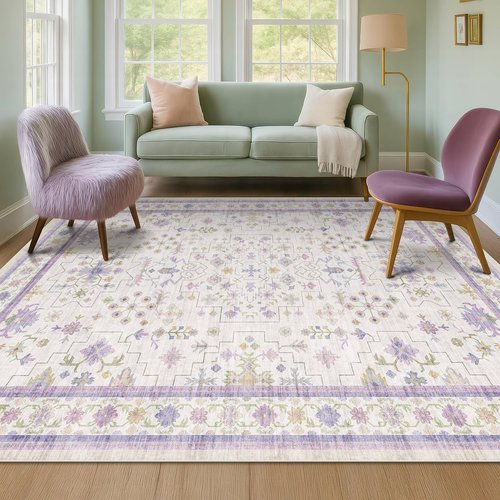 Hazo Haus Lavender Area Rug - Non-Slip, Washable, Low Pile for Bedroom & Kids Playroom | 6x9 ft Boho Décor