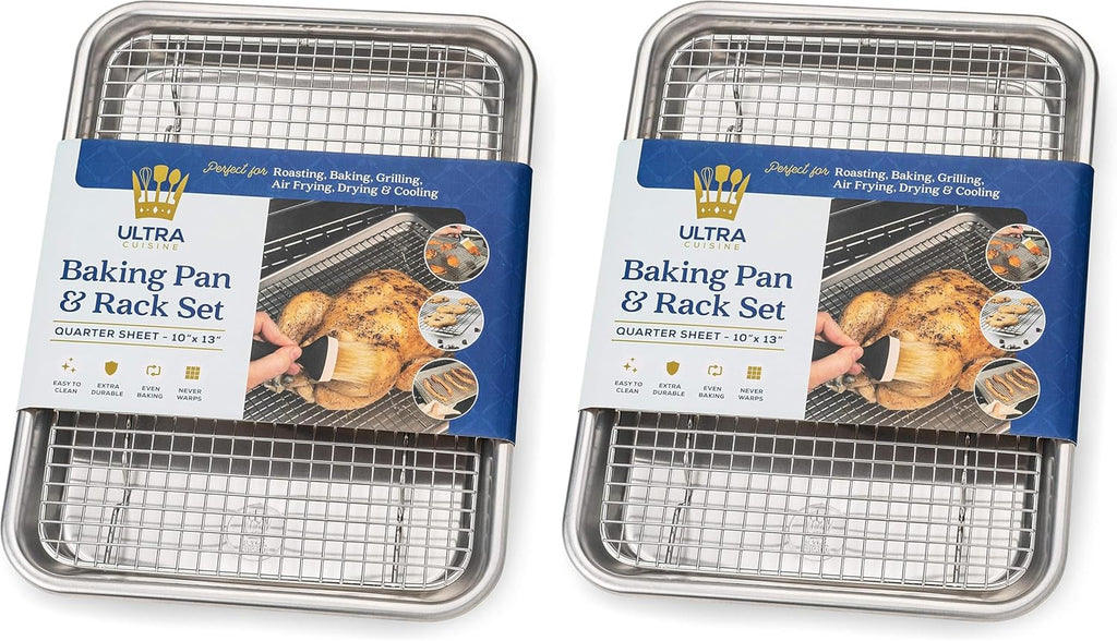 Ultra Cuisine Quarter Sheet Pan Set - Premium Aluminum Baking Sheet & Stainless Steel Rack | Commercial Quality (Pack of 2)