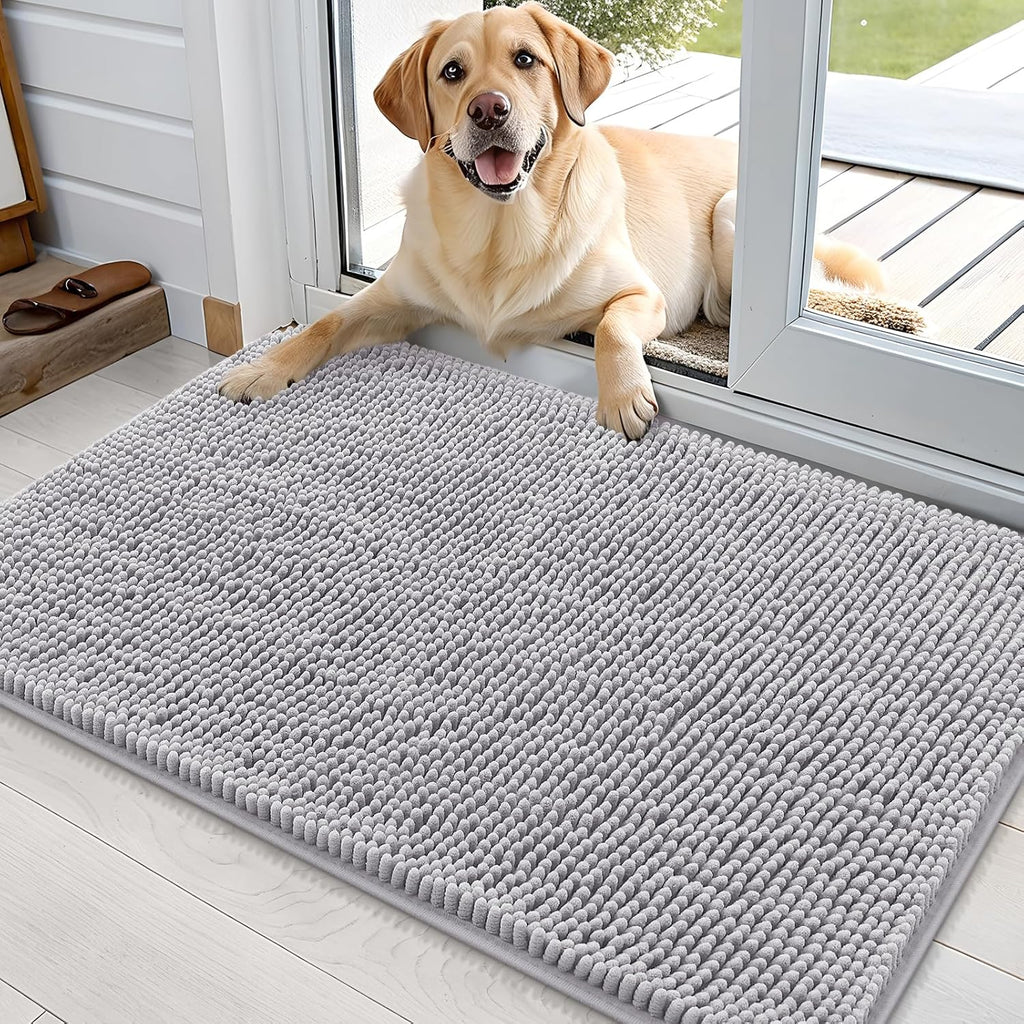 OLANLY Dog Door Mat - Absorbent Non-Slip Mud Mat for Indoor Use | Quick Dry Chenille, 35x24, Light Grey