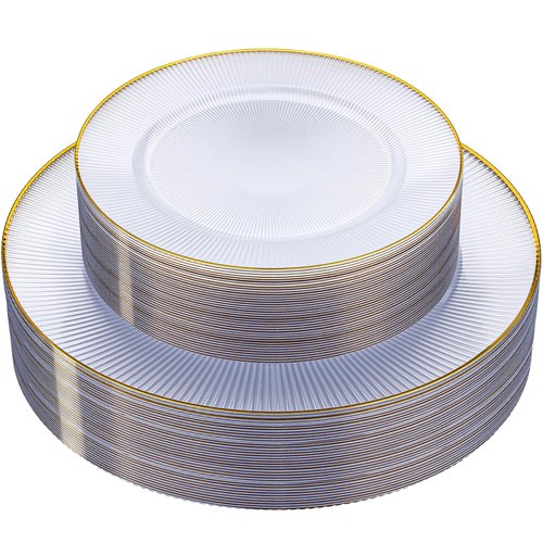 Hioasis 60pcs Clear and Gold Plastic Plates - Clear Disposable Dinnerware Set, 30pcs Dinner 10.25in & 30pcs Dessert 7.5in Plates with Striped Designs for Party & Wedding