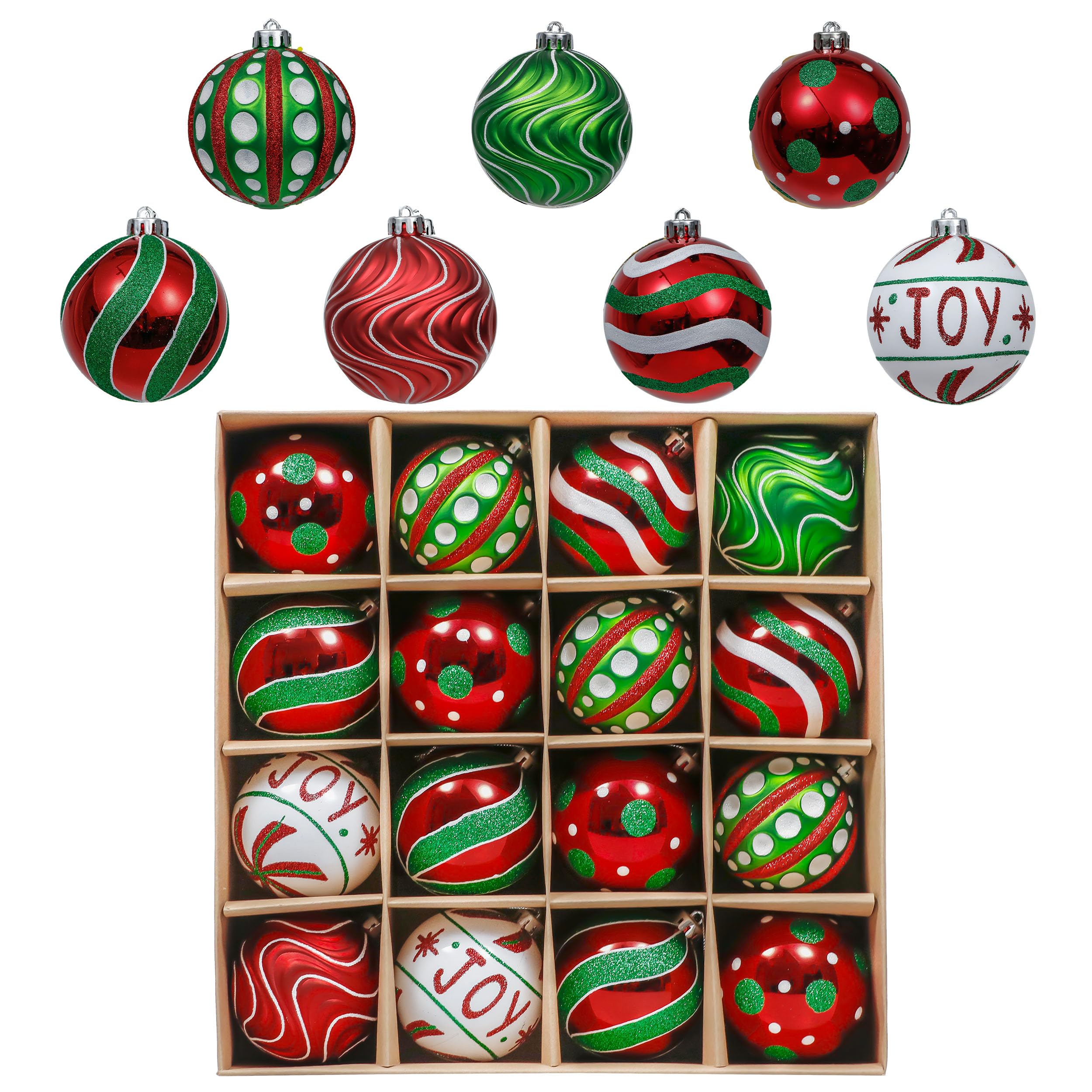 Valery Madelyn Christmas Ornaments Set, 16ct Red Green White Shatterproof Christmas Tree Decorations Ball Ornaments Bulk, 2.36 Inch Hanging Ornaments for Xmas Trees Holiday Party Decor